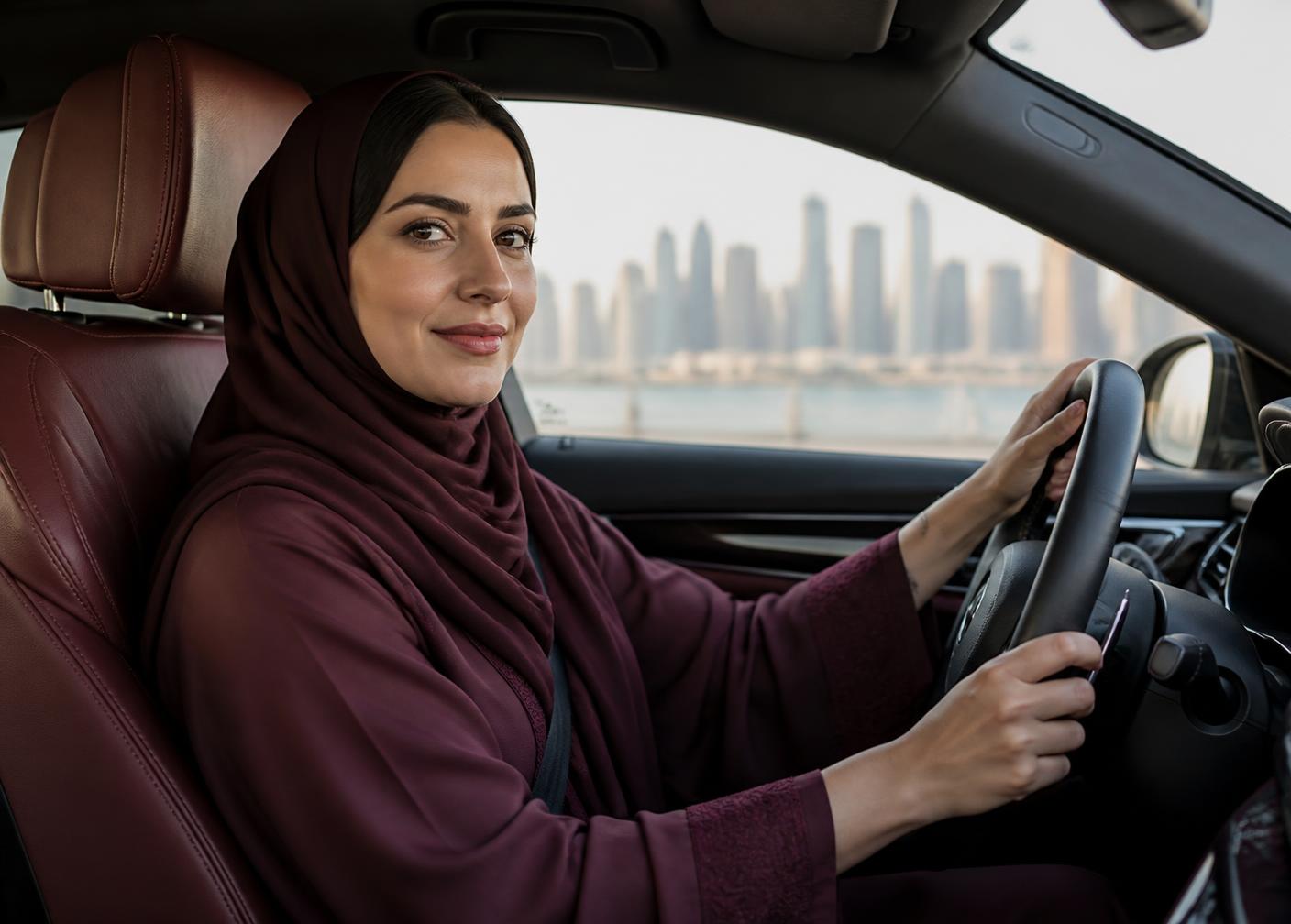 A professional woman driver in a premium vehicle