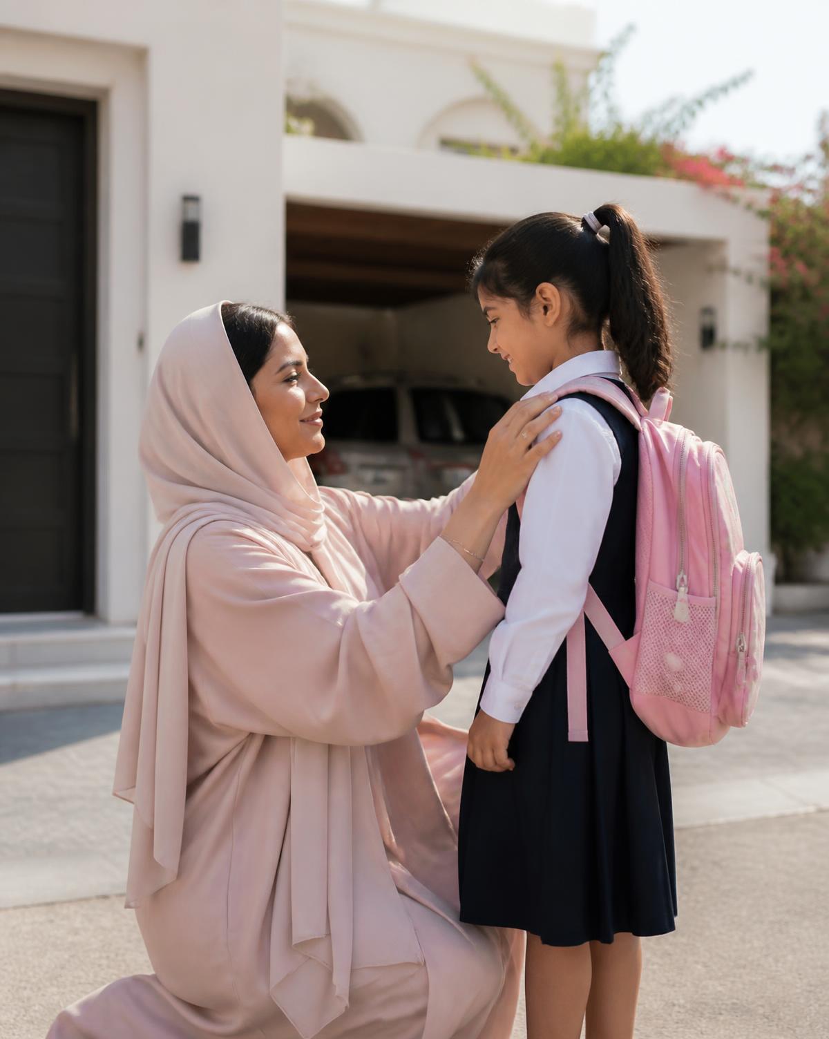A mother adjusting her daughter's school backpack in Doha