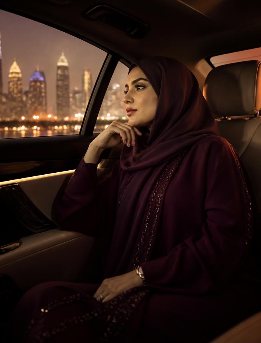 A woman travelling calmly through Doha at night