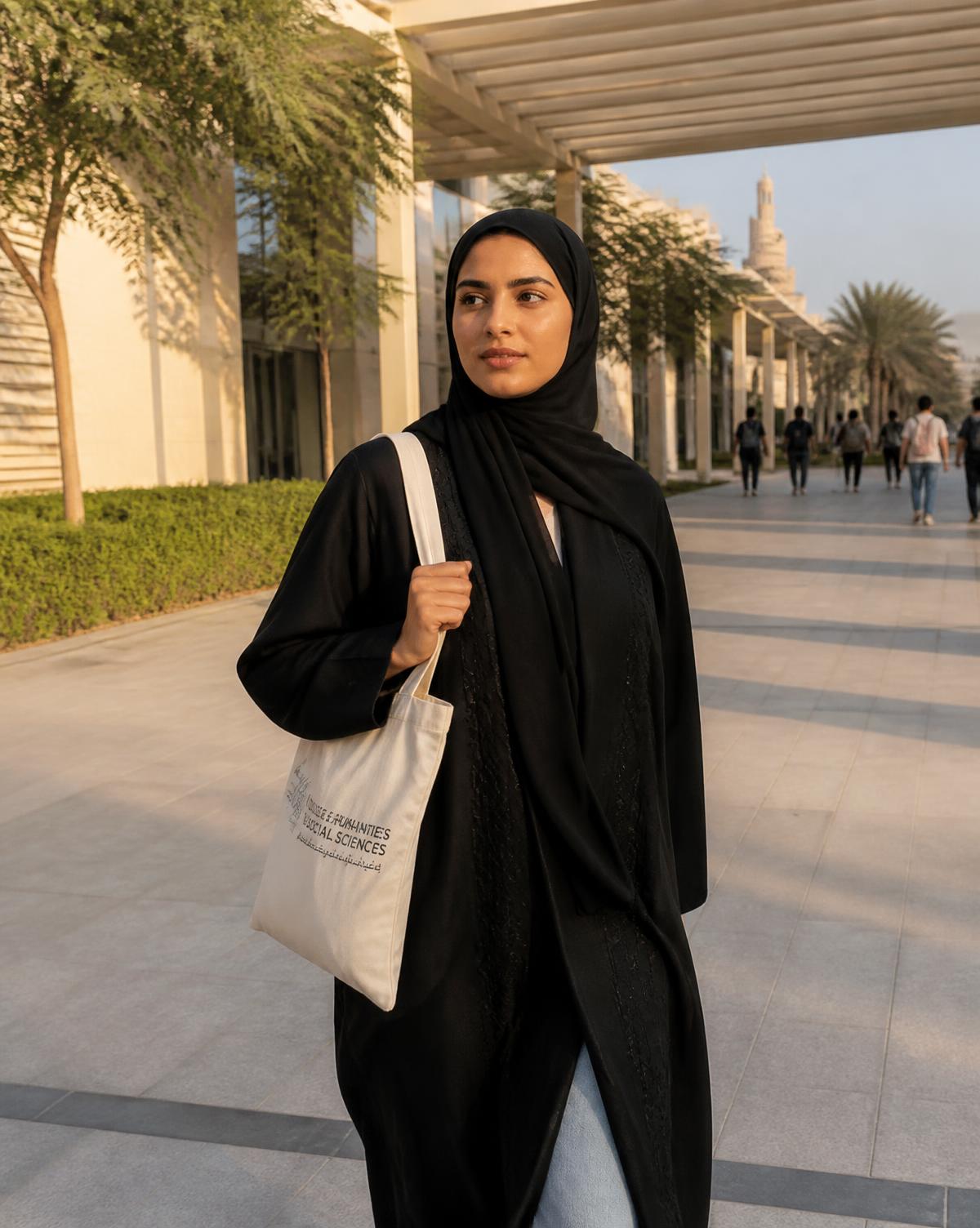 A university student walking across a modern campus in Qatar